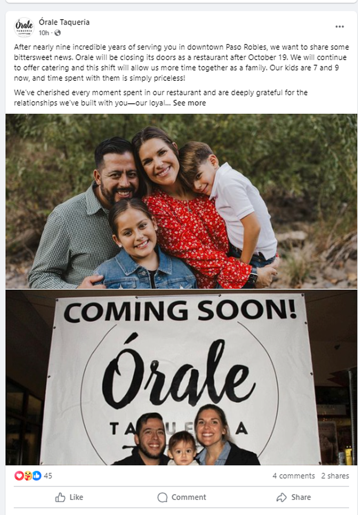 Paso Robles’ Órale Taqueria will close its physical doors on Oct. 19, 2024, but its catering company will continue to serve customers throughout SLO County.