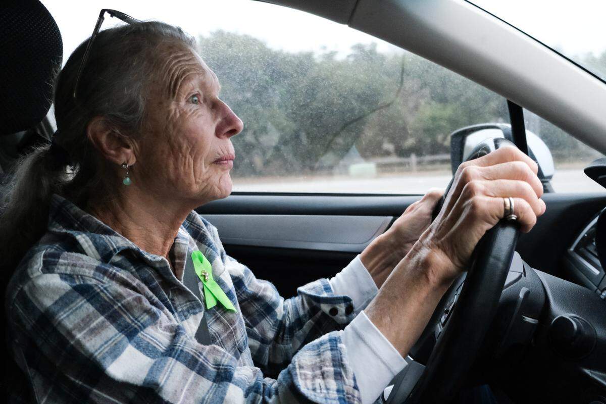 Dawn Marie Anderson drives her car on Sept. 9, 2024, on the route she usually took to check for her son while he lived unhoused in Los Osos. Her son, who has severe mental illness, was arrested on Aug. 4, 2024.
