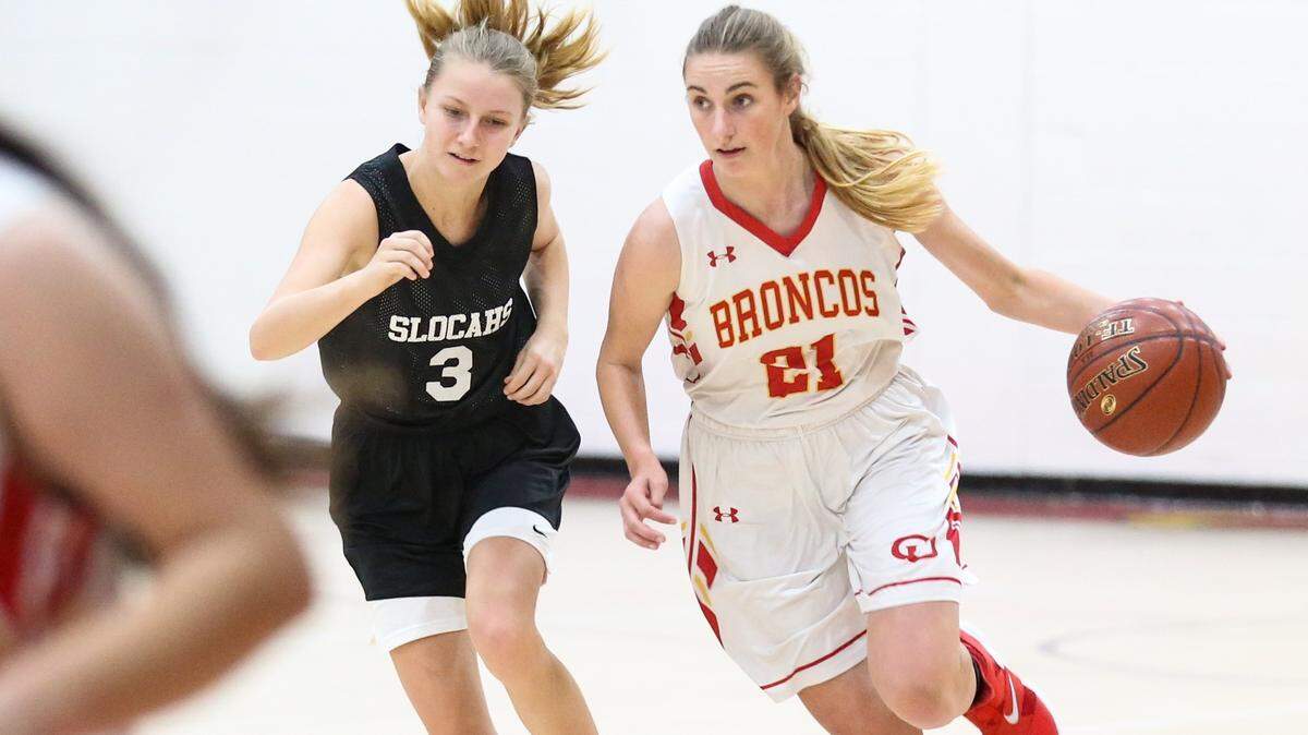 Karis Lawson scored 27 points against Nordoff and 27 against Santa Maria in the Birdcage Tournament last week. Here she drives against San Luis Obispo Classical Academy on Dec. 4.