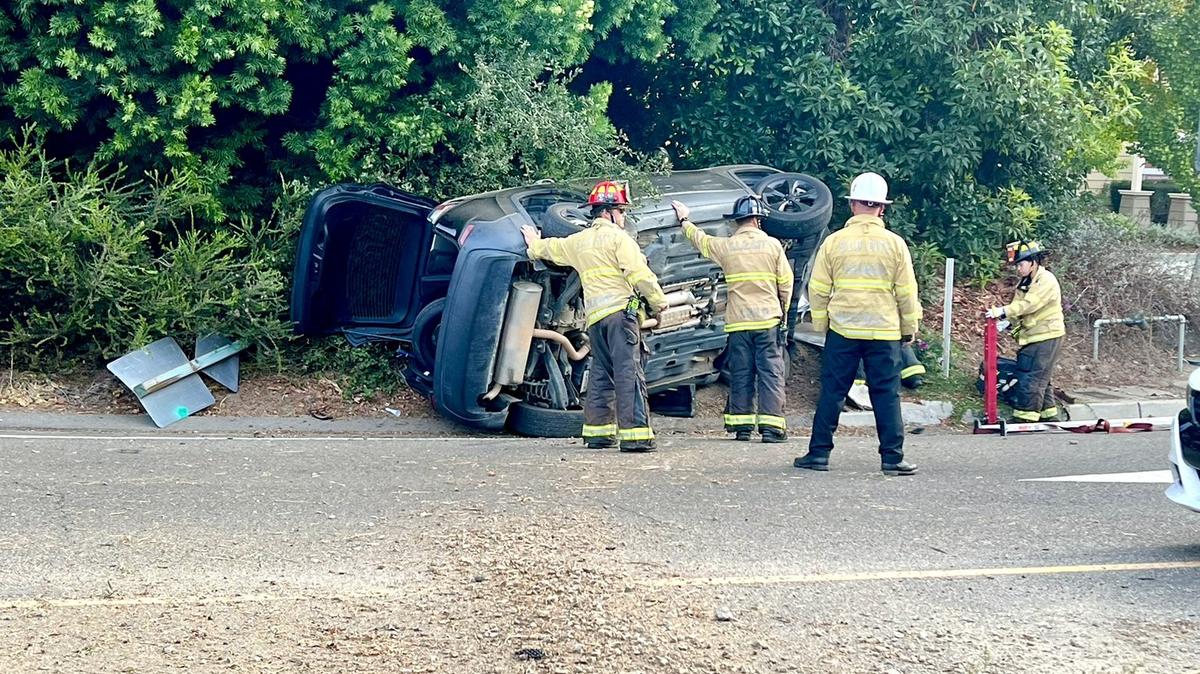 A car rolled over on the Broad St. off ramp in San Luis Obispo on the morning of Friday, Nov. 10, 2023.