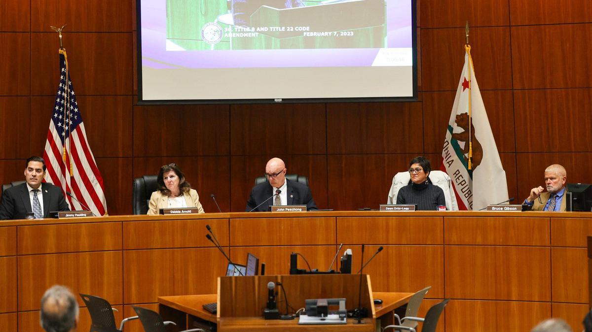 San Luis Obispo County Supervisors meet from left Jimmy Paulding, Debbie Arnold, John Peschong, Dawn Ortiz-Legg, Bruce Gibson listen to public comment Feb. 7, 2023. The board voted Tuesday to reduce the limit on individual campaign donations.