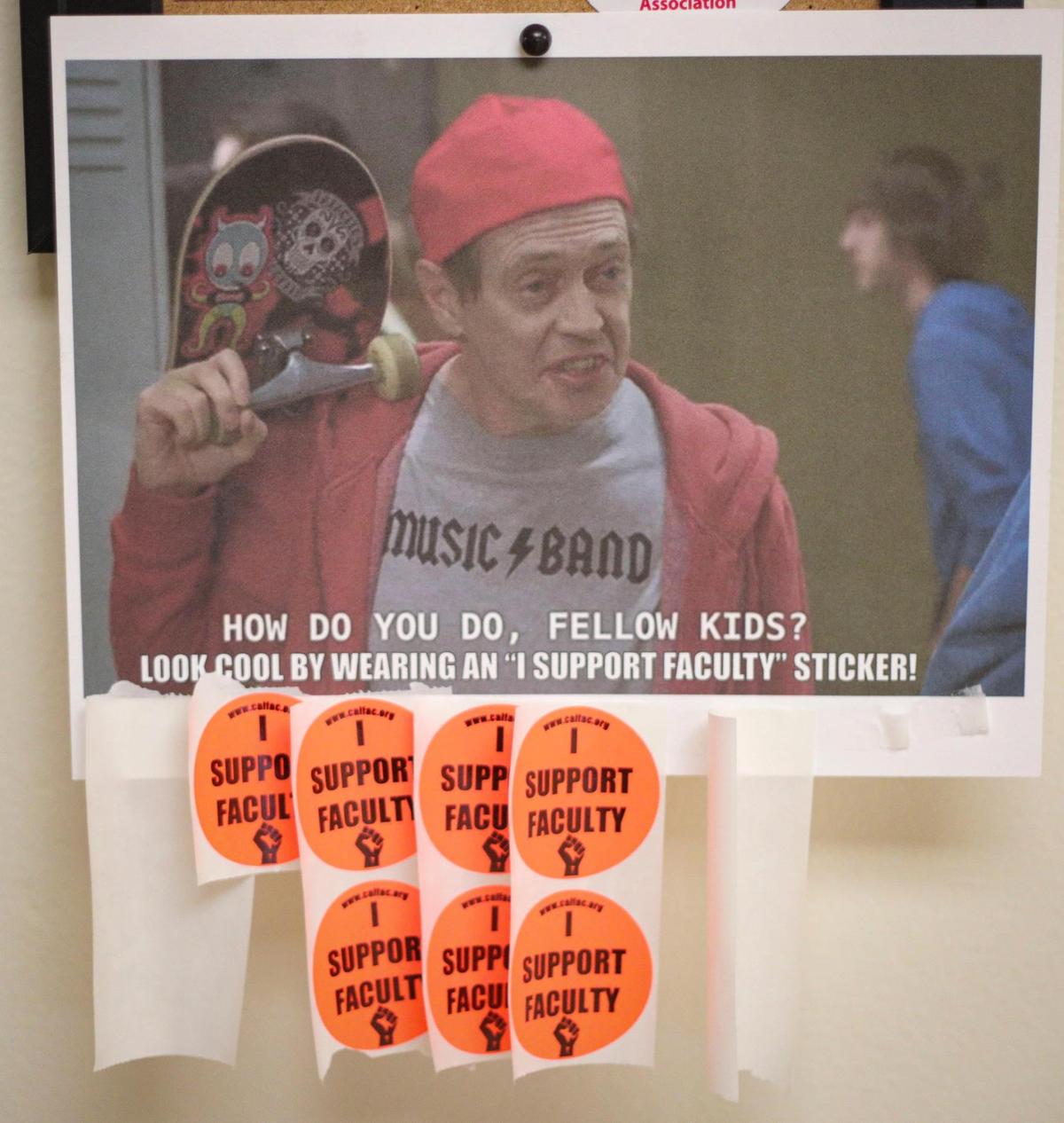 A sign supporting a California Faculty Union strike hangs in a hallway outside faculty offices in Cal Poly’s Mathamatics building on Jan. 22, 2024.
