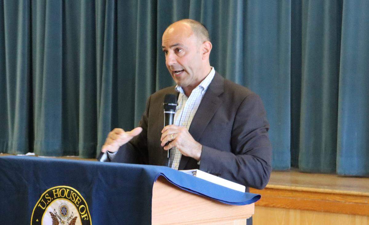 Congressman Jimmy Panetta, D-Santa Cruz, gives a town hall speech at the Cambria Veterans Hall on March 21, 2025, to address his constituents questions and concerns about what is going on in Congress during the first months of the Trump administration.