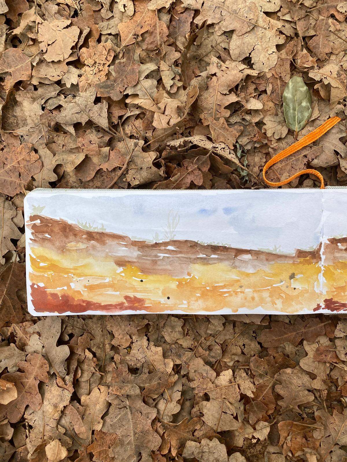 elongated notebook resting in a bed of leaves, open to a painting 