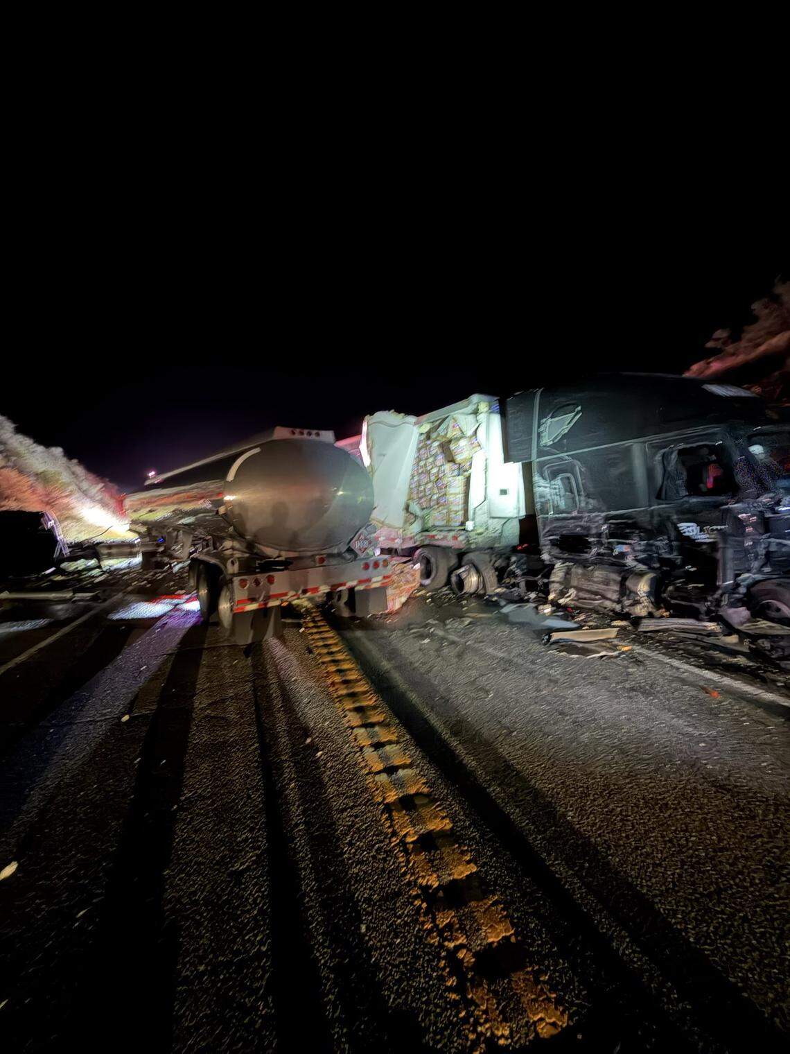 Two semi trucks crashed head-on on Highway 166 near Pine Canyon Road around 9:50 p.m. on April 13, 2026, causing the highway to shut down in both directions overnight.