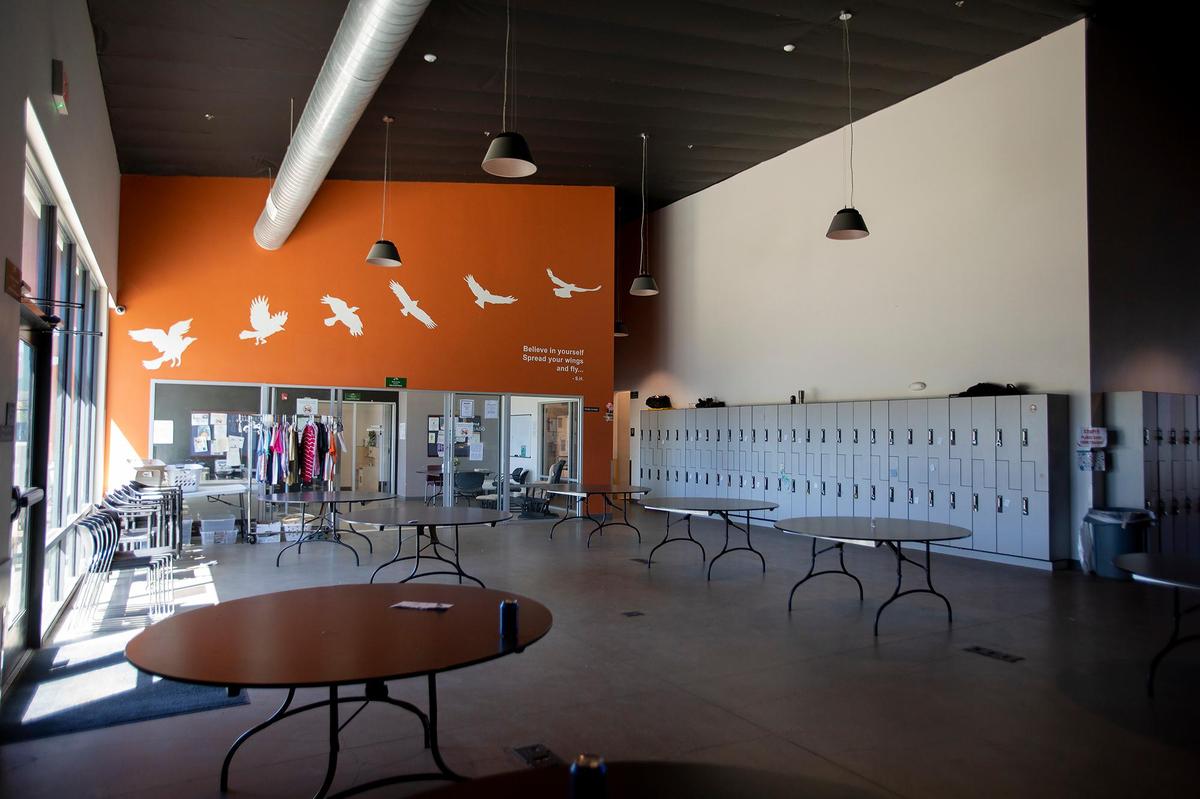 After five years of operating as an overnight shelter that features services during the day, 40 Prado Homeless Services Center will adopt a transitional housing model for its clients that will feature an increased focus on connection to services, with stays limited to 90 days. This area is a general purpose room where clients can have a meal, get supplies, shower, visit a small library and a playroom for children.