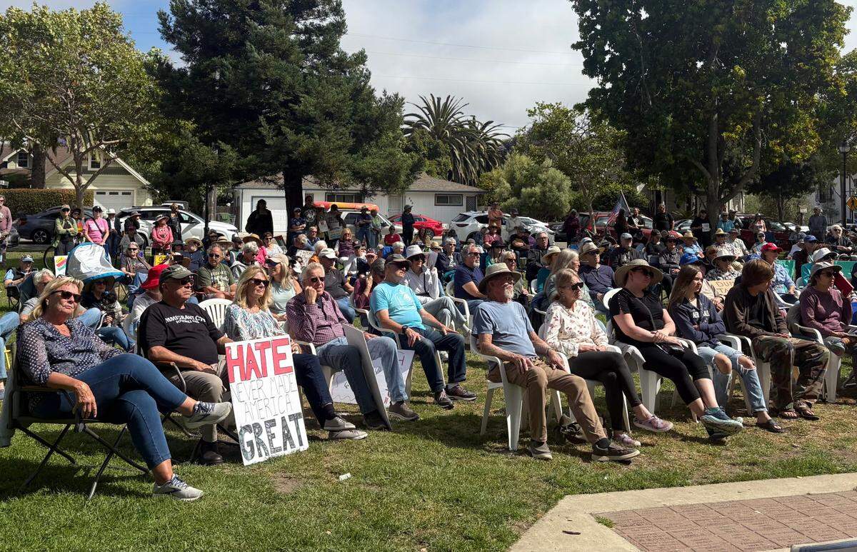 More than 200 people showed up at a “Good Trouble” protest at Heritage Square Park in Arroyo Grande on July 17, 2025. The protest was a sing-along, featuring local performers who volunteered to lead the crowd in song. 