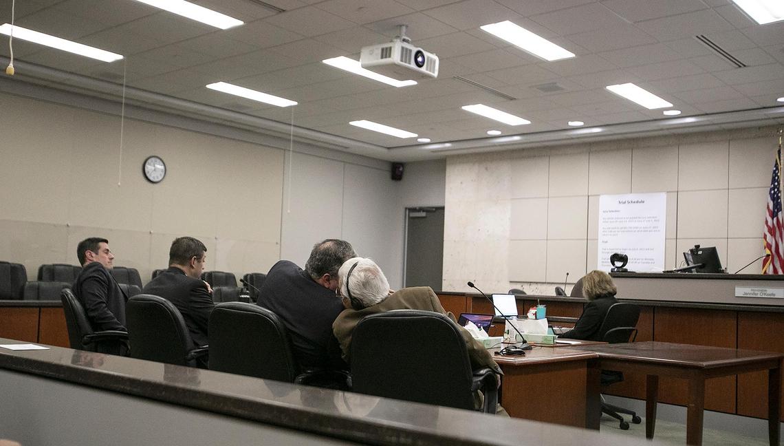Ruben Flores and his attorney Harold Mesick confer before court on Monday, Oct. 17, 2022. The judge announced that the jury for Ruben Flores has reached a verdict in the Kristin Smart murder case. The verdict will remain sealed until Paul Flores’ verdict is determined.