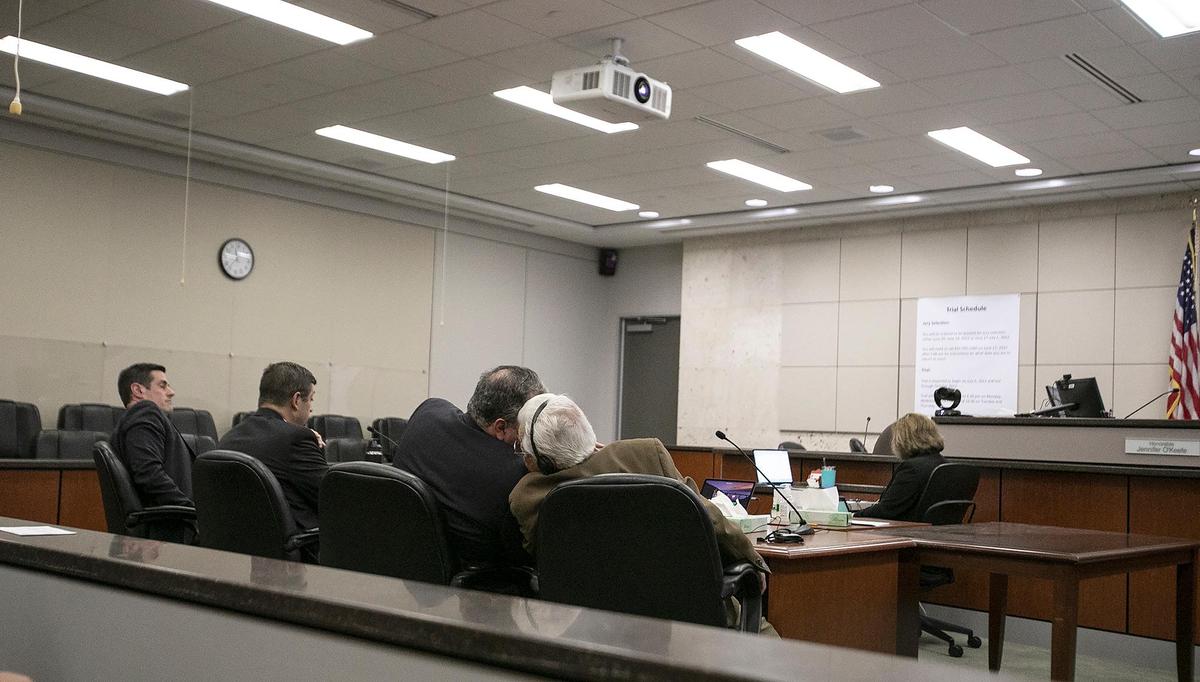 Ruben Flores and his attorney Harold Mesick confer before court on Monday, Oct. 17, 2022. The judge announced that the jury for Ruben Flores has reached a verdict in the Kristin Smart murder case. The verdict will remain sealed until Paul Flores’ verdict is determined.
