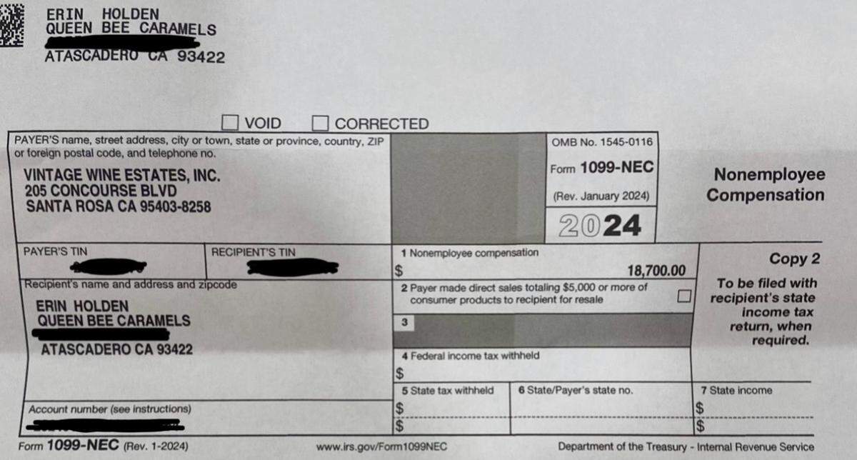 Erin Holden, owner of Queen Bee Caramels, delivered an order worth $18,700 to Laetitia Vineyards and has not been paid by the winery’s previous owner, Vintage Wine Estates. Then, she received a 1099 IRS form taxing her for the sale.