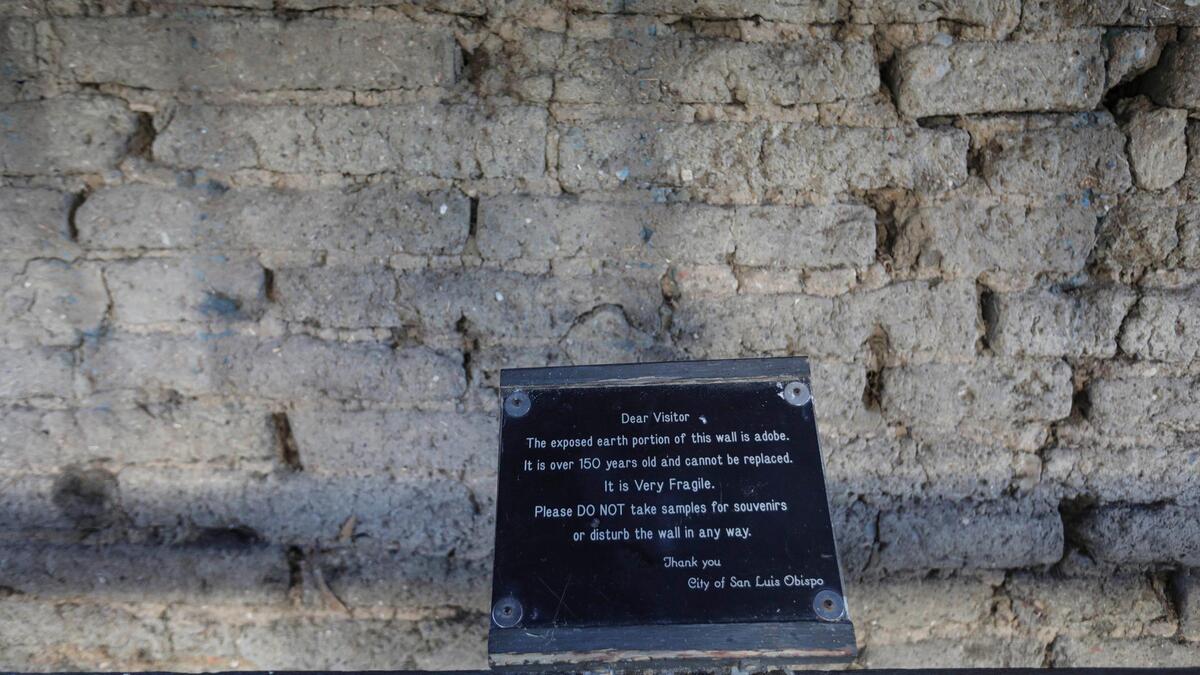 One wall of the historic Murray adobe is exposed. Mission Plaza in San Luis Obispo on Nov. 19, 2024.