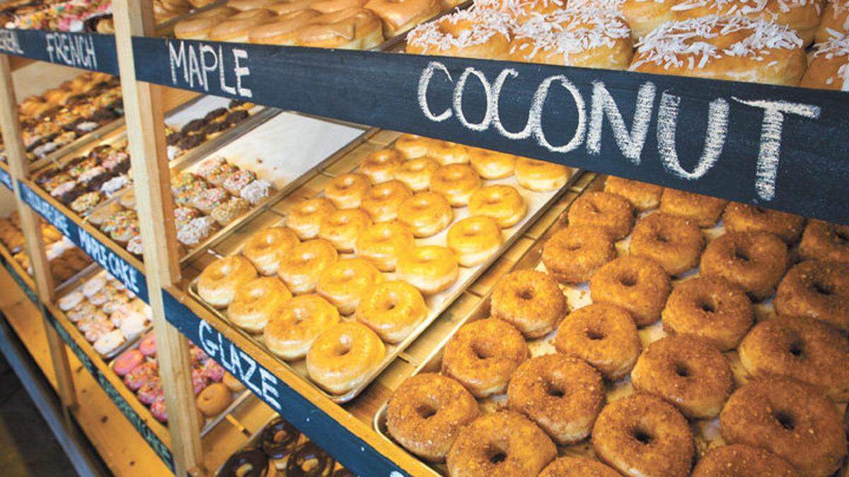 Some of the offerings at SLO Donut Company in San Luis Obispo. About 90 varieties of doughnuts are made daily.