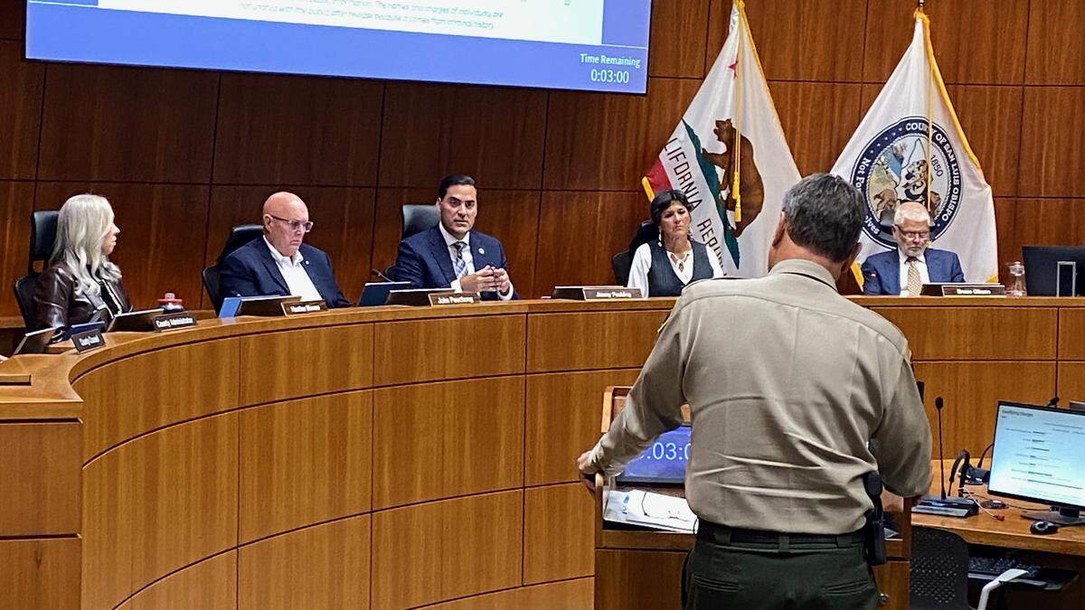 Sheriff Ian Parkinson speaks at a Truth Act forum at the San Luis Obispo County Board of Supervisors meeting Jan. 27, 2026. The forum was held to share information about the Sheriff’s Office’s level of involvement with federal immigration agencies.