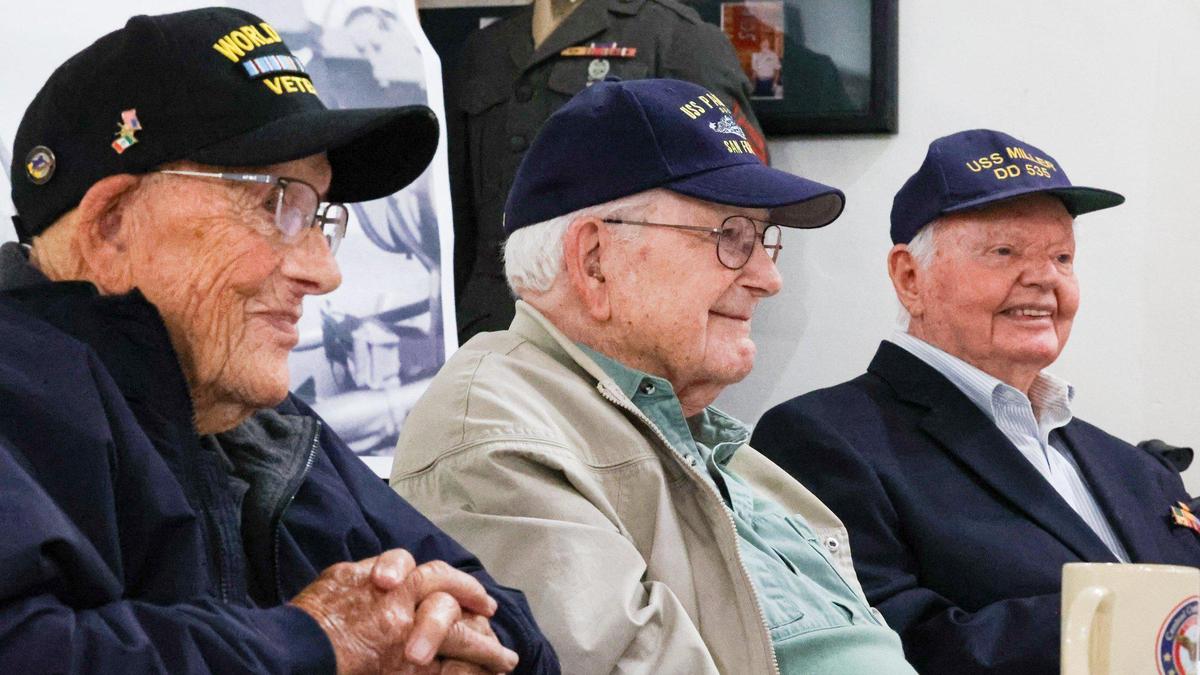 Three U.S. Navy veterans of World War II came to the Central Coast Veterans Memorial Museum in San Luis Obispo to record their stories in 2022. From the left are James Porter, 99, Spencer “Spence” Stimler, 98, and Bill Hewes Jr., 100. The museum will host a Veterans Day Community Celebration on Friday, Nov. 11, 2022.