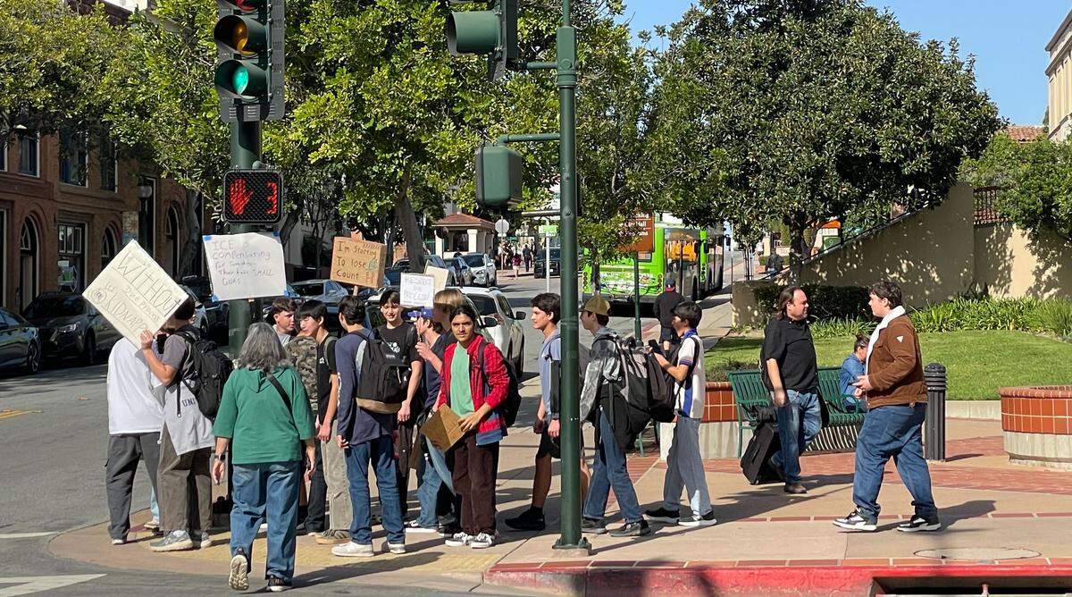 Groups of students marched through downtown San Luis Obispo on Jan. 30, 2026, as part of a nationwide strike protesting Immigration and Customs Enforcement funding and actions.