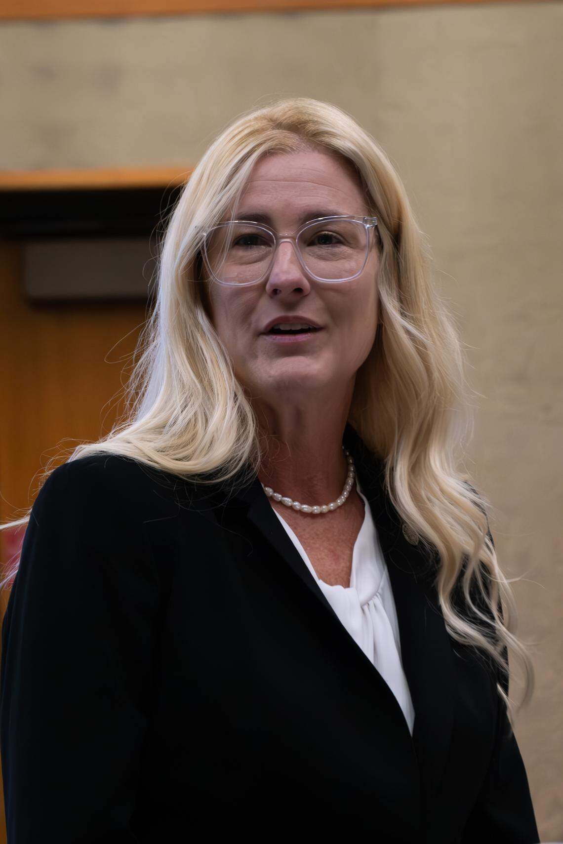 San Luis Obispo County Deputy District Attorney Kimberly Dittrich gives opening statements to the jury hearing the case against Joshua Murphy, Tremaine Jones and Heather Hunt in San Luis Obispo Superior Court on June 17, 2025. Murphy, Jones and Hunt are accused of conspiring together and sex trafficking a 15-year-old girl. 