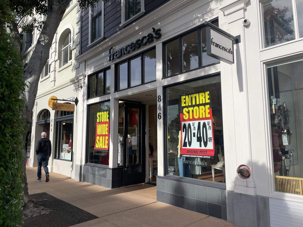 Francesca’s is closing all of its stores and liquidating inventory. Signs posted on the window of the 846 Monterey St. store in San Luis Obispo on Jan. 20, 2026, announce a store-wide sale.