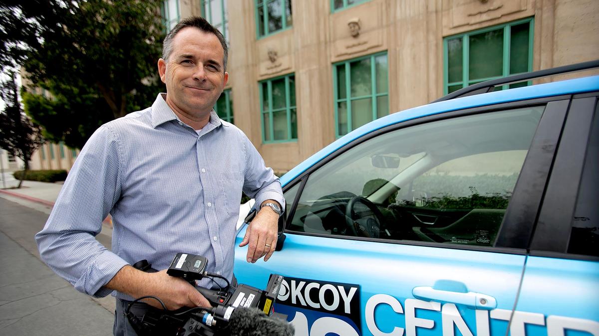 News Channel 3-12 reporter Dave Alley stands in front of Monterey County Superior Court after a day of waiting for the verdict in the Kristin Smart murder trial in Salinas, on Friday, Oct. 14, 2022.