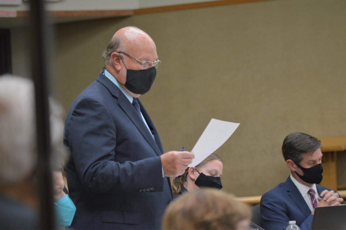 Defense attorney Robert Sanger questions a witness at a preliminary hearing for Paul and Ruben Flores in San Luis Obispo Superior Court on Monday, August 23, 2021. His client, Paul Flores, faces a charge of murder for the alleged killing of Cal Poly freshman Kristin Smart in 1996. The preliminary hearing will be decided Wednesday morning.