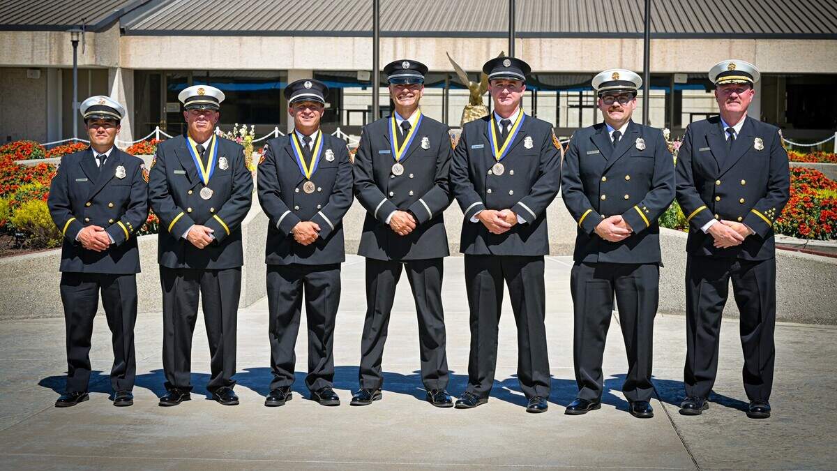 Firefighters from CAL FIRE San Luis Obispo County Fire Department stand outside the California State Capitol after receiving the Governor’s State Employee Medal of Valor during a ceremony on June 12, 2026, in Sacramento. Four firefighters who work in San Luis Obispo County were honored for separate rescue incidents tied to the Gifford Fire and 2023 winter storms in Avila Beach.