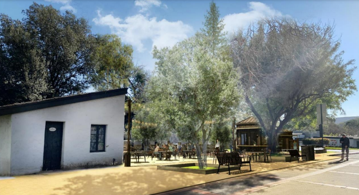 A rendering shows the planned improvements at San Luis Obispo’s Mission Plaza. A construction project will replace the existing public restrooms and add a new cafe kiosk plus outdoor seating. It will also add a plaster wall and viewing window to protect the historic Murray Adobe.