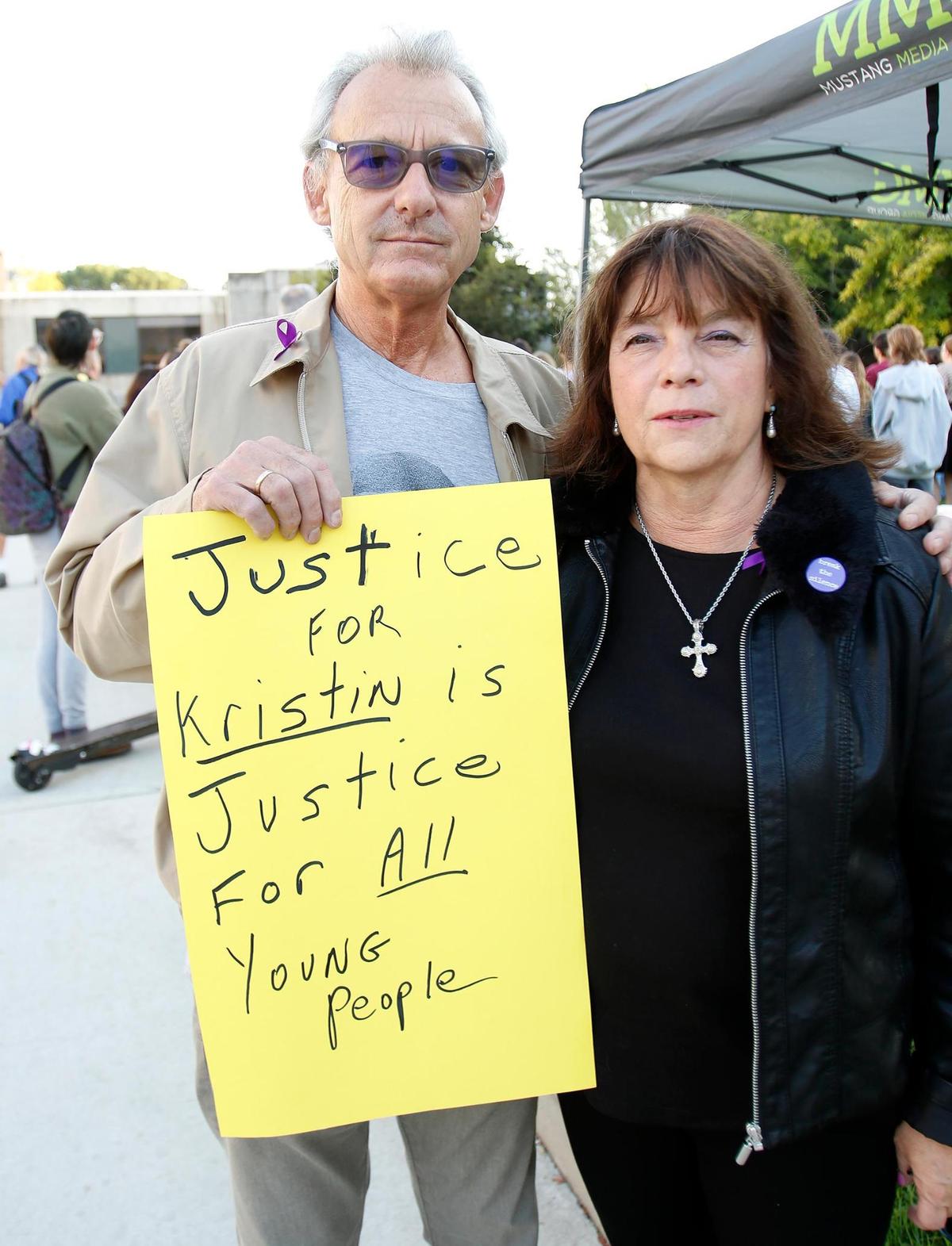 Bill and Mary Jane Jodry, Thomas Jodry parents, attended the vigil. A vigil organized by Cal Poly Safer, a group that focuses on education and prevention of sexual and gender-based violence. for Kristin Smart was held on the Cal Poly Campus Friday evening, Oct. 21, 2022. (Laura Dickinson, The Tribune, San Luis Obispo).