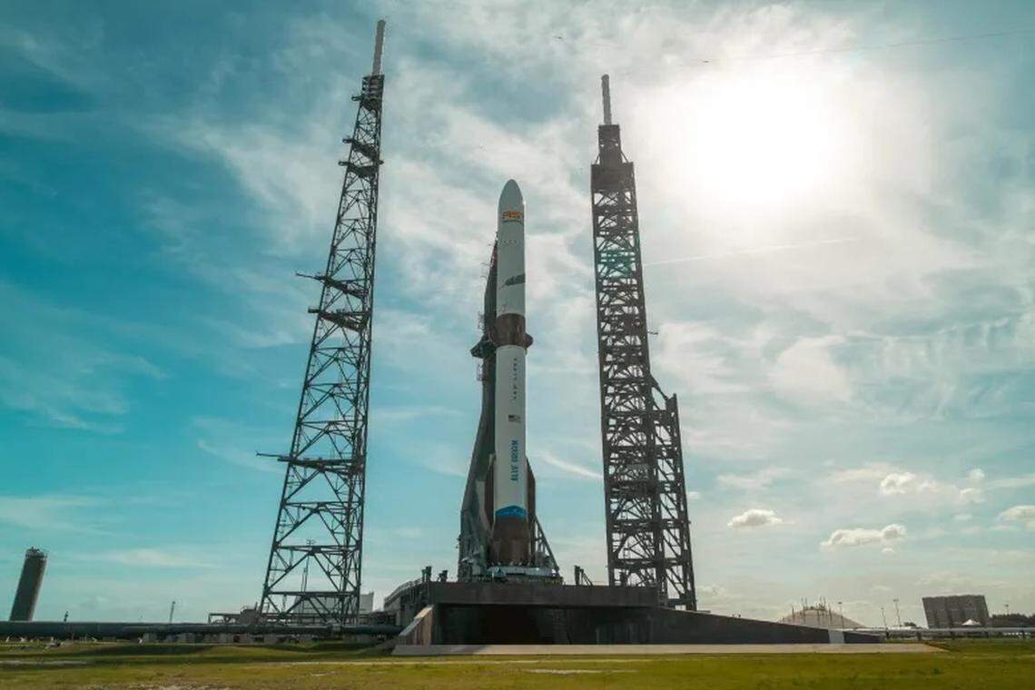 A Blue Origin New Glenn rocket stands at its Florida launch site. The U.S. Space Force chose Blue Origin after requesting information from firms interested in developing a heavy and super-heavy rocket facility at Vandenberg Space Force Base.