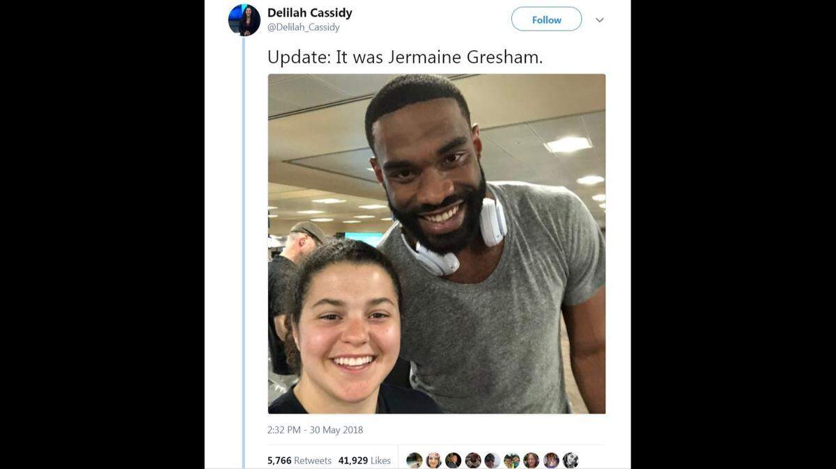 Arizona Cardinals tight end Jermaine Gresham helped a woman named Delilah Cassidy at Los Angeles International Airport in May. Cassidy was in danger of missing her flight because she couldn't pay the $50 fee for her baggage, but Gresham swooped in at the last second to help pay for it.
