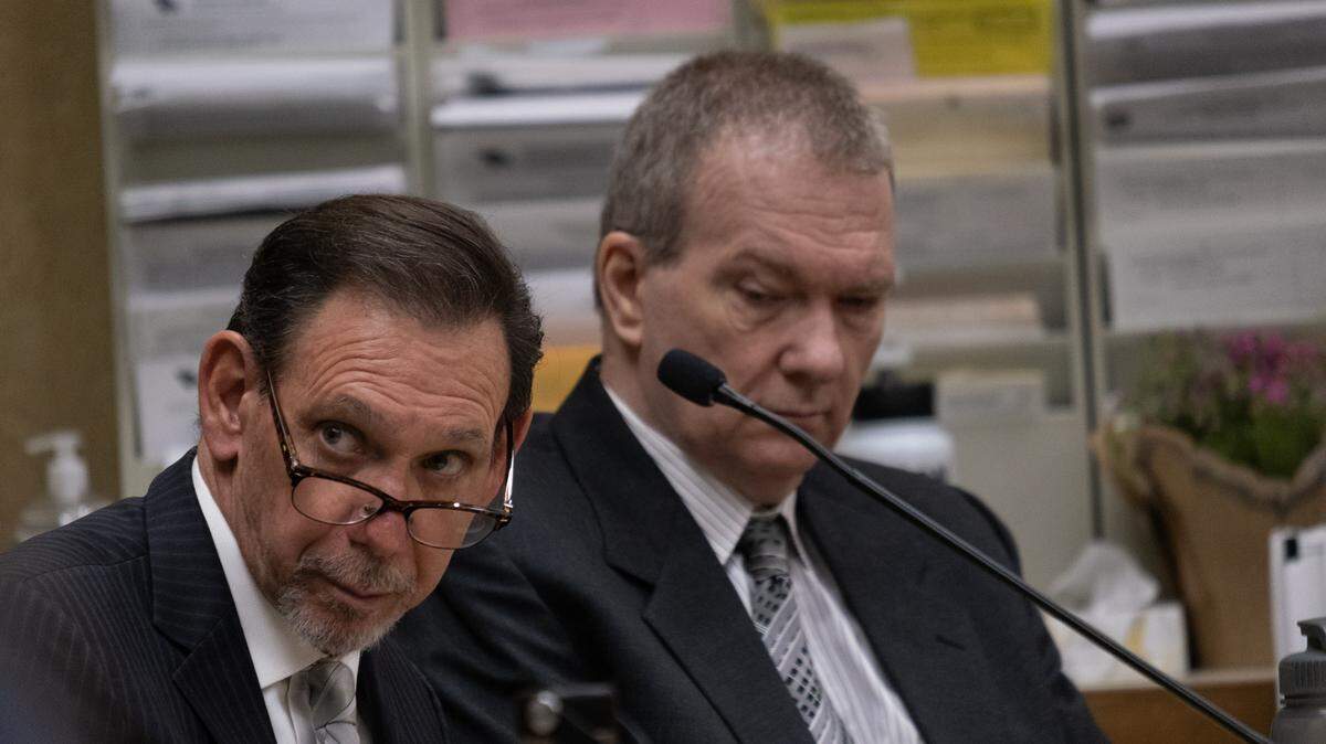 Defense attorney Raymond Allen, left, with his client Stephen Deflaun during Deflaun’s murder trial at San Luis Obispo Superior Court on March 29, 2023. Deflaun is accused of killing two people at Morro Strand State Beach in a shooting on July 8, 2001.