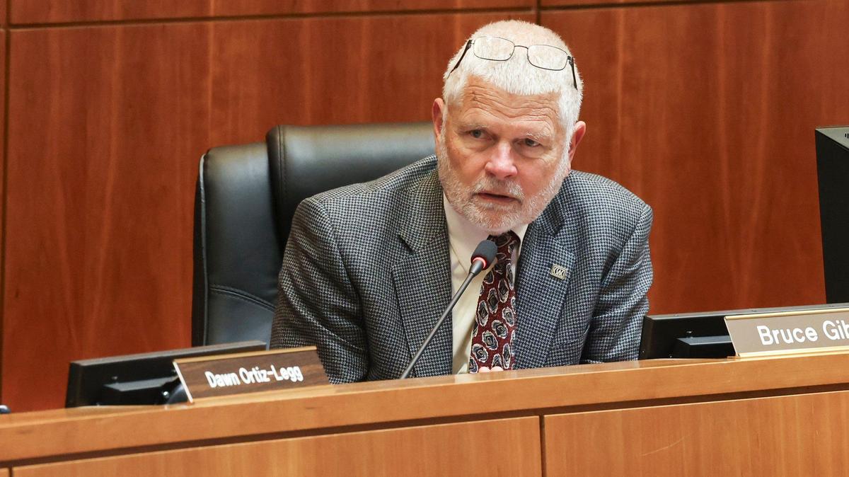 Supervisor Bruce Gibson speaks at the San Luis Obispo County Board of Supervisors meeting on May 21, 2024. He announced he will not seek re-election in 2026.