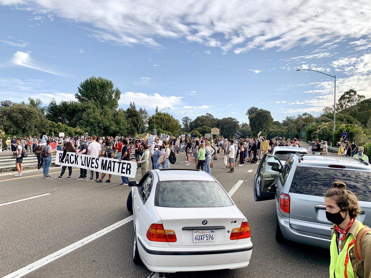 No Justice No Peace protest began at Mitchell Park, later blocking traffic on Highway 101 on July 21, 2020.
