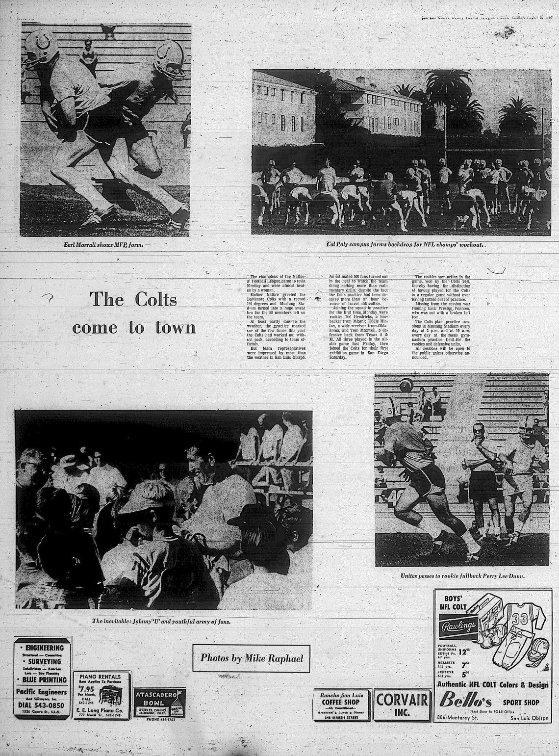 The Baltimore Colts practiced at Mustang Stadium in August 1969. This image was Focus cover Aug. 9,1969. The Colts were coming off of an upset loss to Joe Namath and the Jets in Super Bowl III.