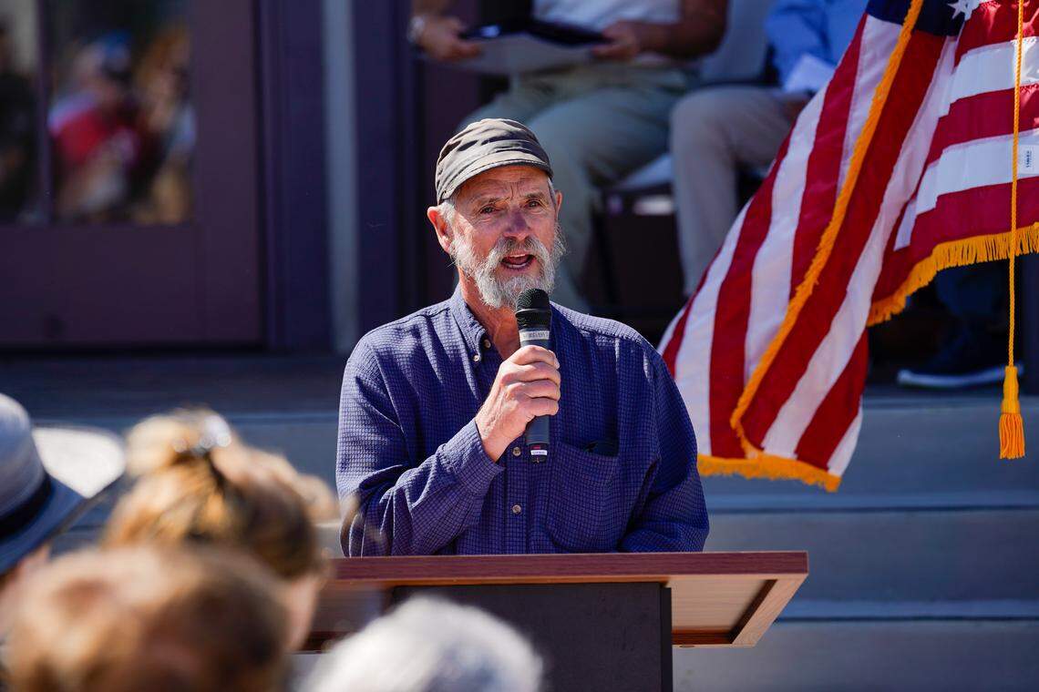Cayucos Land Conservancy board member Greg Bettencourt speaks at Cayucos Landing's grand re-opening on Monday, Aug. 25, 2025. More than 200 people turned out to see the new Cayucos Landing, which underwent an $11 million rehabilitation project between 2022 and 2025.