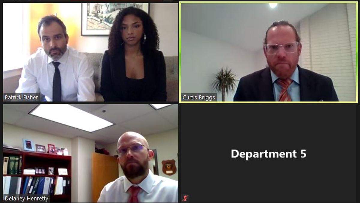 From top left, San Luis Obispo attorney Patrick Fisher and local Black Lives Matter organizer Tianna Arata appear via Zoom conference for her second arraignment Sept. 17, 2020. Also pictured is defense attorney Curtis Briggs, right, and county Deputy District Attorney Delaney Henretty, bottom.