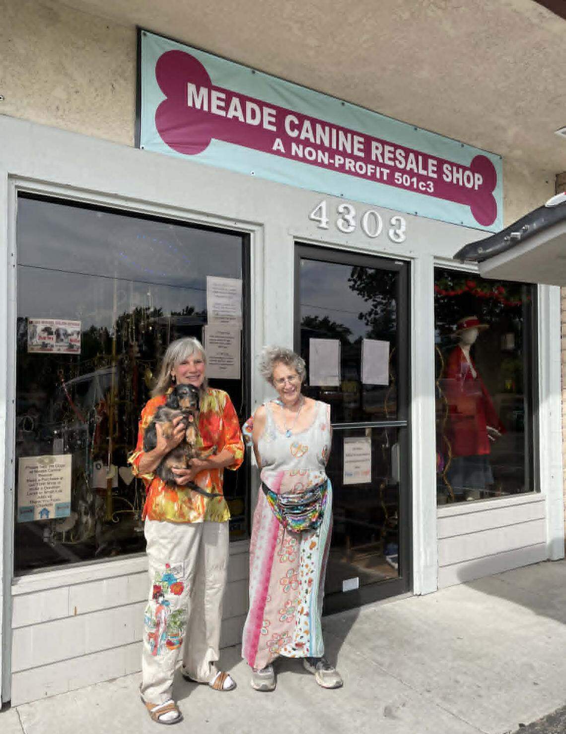 Charlotte Meade, left, and Rachel Somars in front of the Meade Canine thrift store where Somars proudly volunteered as store manager for her close friend Meade, who owns the store. Somars, 69, was hit and killed while crossing the southbound Highway 101 entrance at San Anselmo Road in Atascadero on Dec 1, 2025.