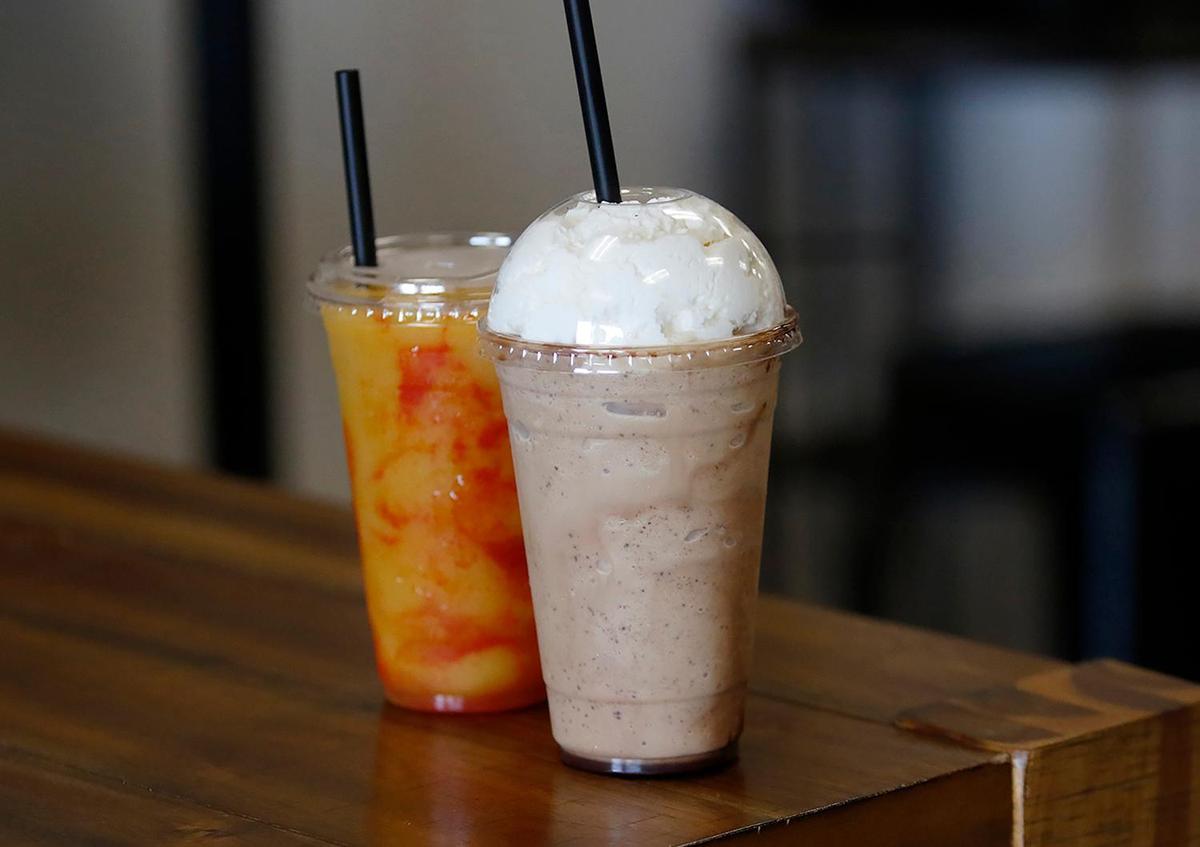 The Li Hing Muis Mango Smoothie, left, and a Black Sand Mocha are popular favorites at Red Dirt Coffee House, which moved in June 2022 to a new location at the Walmart shopping center in Arroyo Grande.