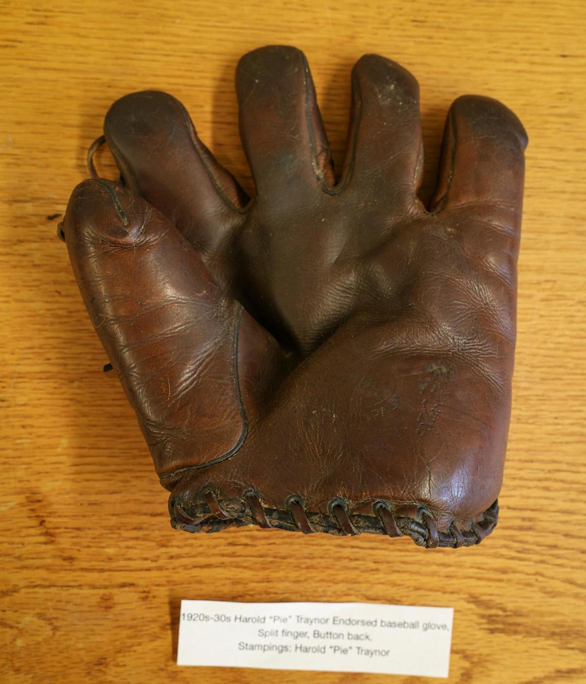 A 1920s-30s Harold “Pie” Traynor endorsed baseball glove from the collection of the Paso Robles Historical Museum. The third baseman was the best fielder of his era, the first third baseman elected to Major League Baseball’s Hall of Fame.
