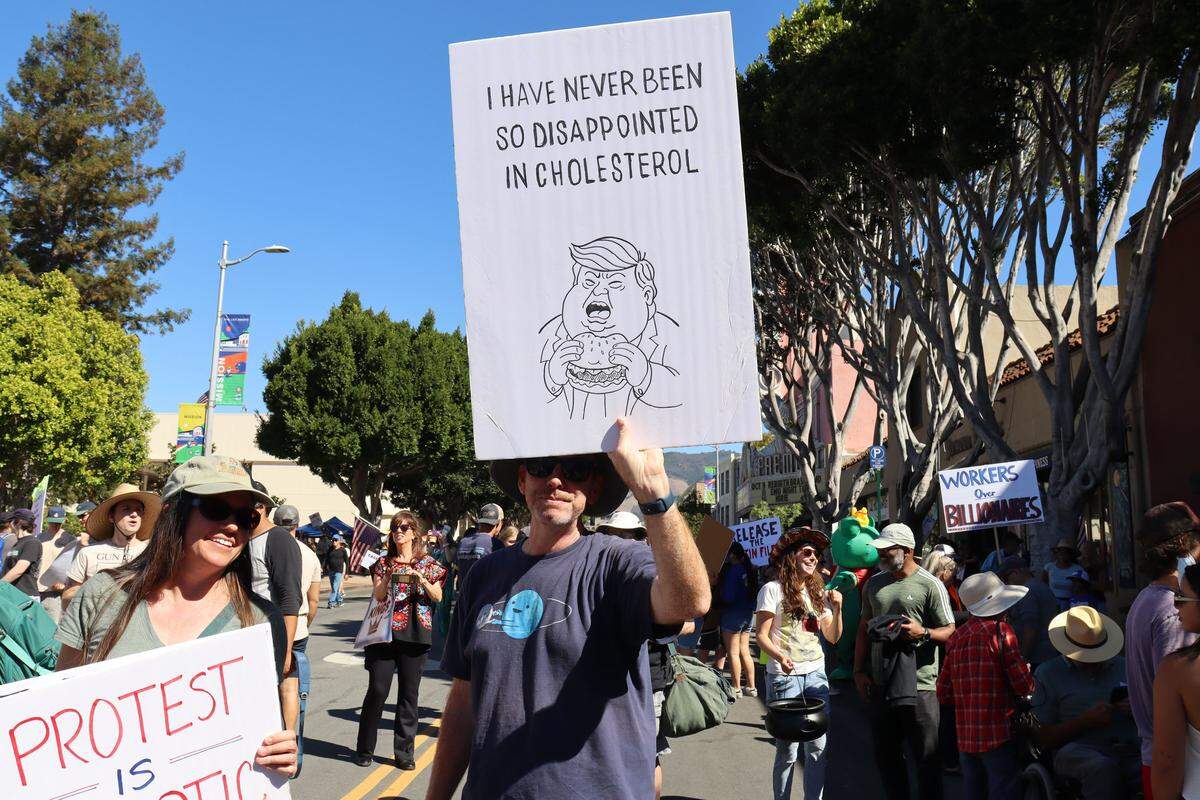 Thousands of people attended the No Kings rally in downtown San Luis Obispo to protest the Trump administration and support Prop. 50 on Oct. 18, 2025.