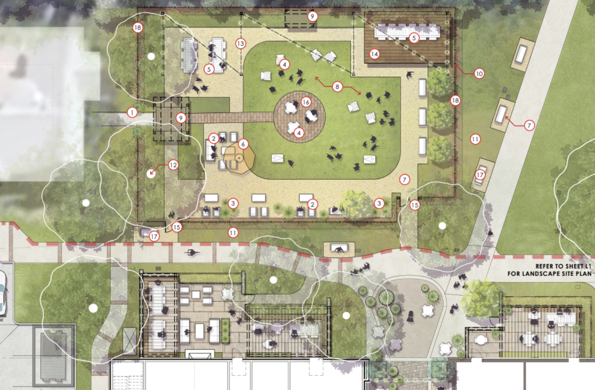 Located at 5901 East Mall, the Centennial Plaza Properties project will bring three stories of restaurant, retail and residential spaces to the currently under-used outdoor space that links Sunken Gardens and Colony Square in Atascadero. A public garden will sit in the back behind the Atascadero Historical Society. An architectural rendering here shows a bird’s-eye-view design for the park.