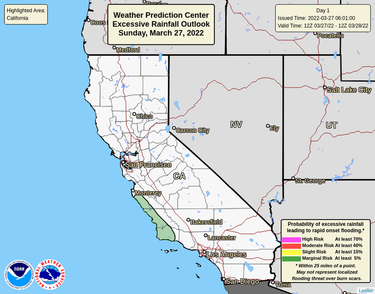 The National Weather Service reports a marginal flash flood risk for the Central Coast on March 27, 2022.