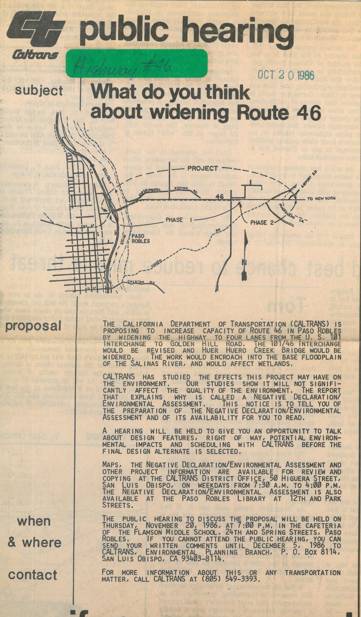 Caltrans advertised the first steps to widen Highway 46 in October 1986. The map shows New York as the eastern terminus of the road but the focus of the widening projects was a more modest Bakersfield-to-Paso Robles span.