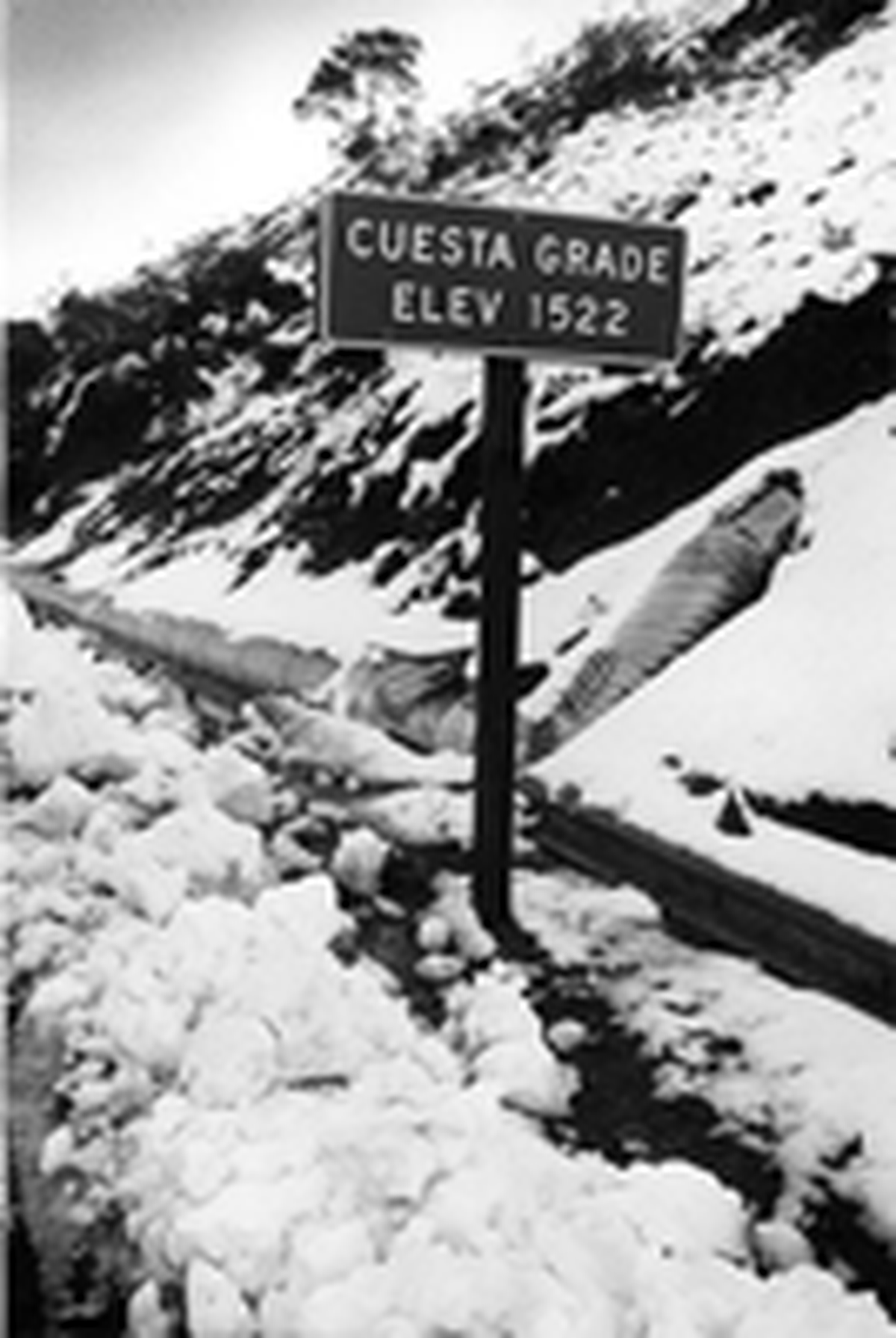 Snow covers the Cuesta Grade on the morning of March 19, 1991.