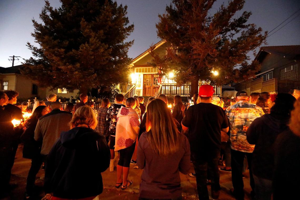 Over 250 supporters attend a candlelight vigil for Kristin Smart in front of Flores family home in Arroyo Grande. The supporters stand in front of the Flores house.