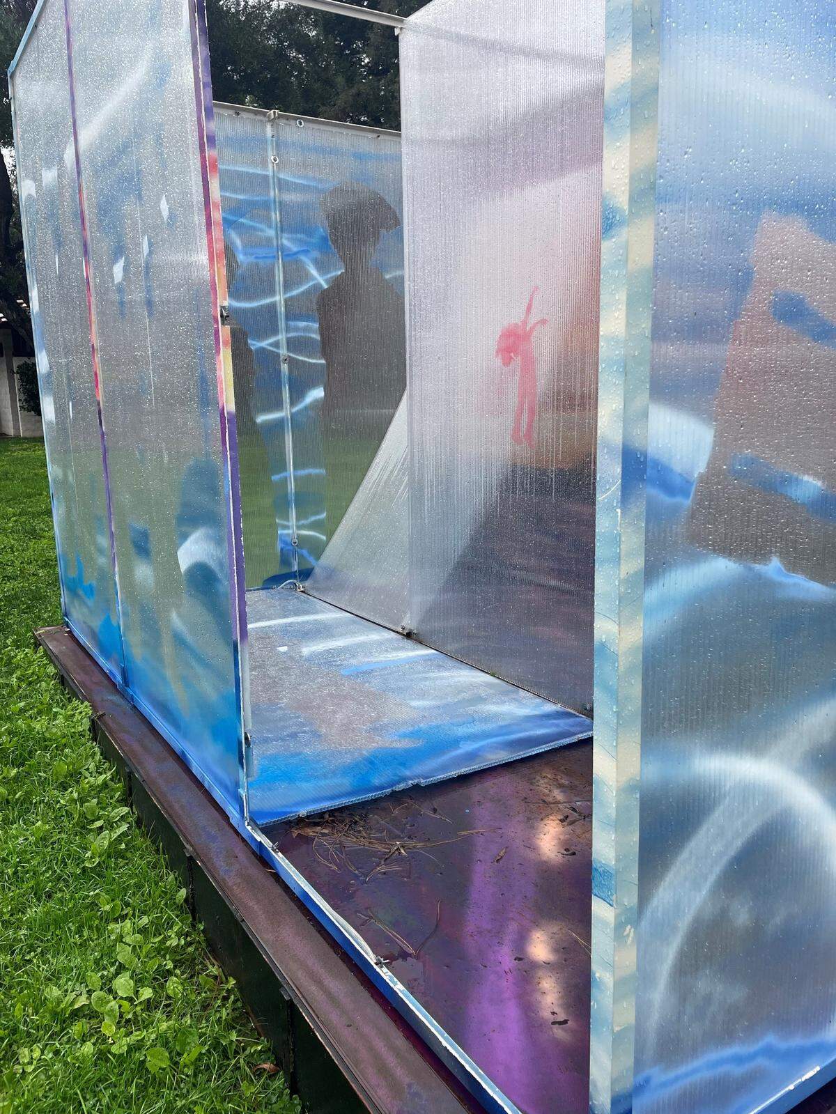 Glass panels on the Storied Waters: Dreams of Bayanihan installation damaged due to stormy weather on Monday, Jan. 9 at the San Luis Obispo Museum of Modern Art.