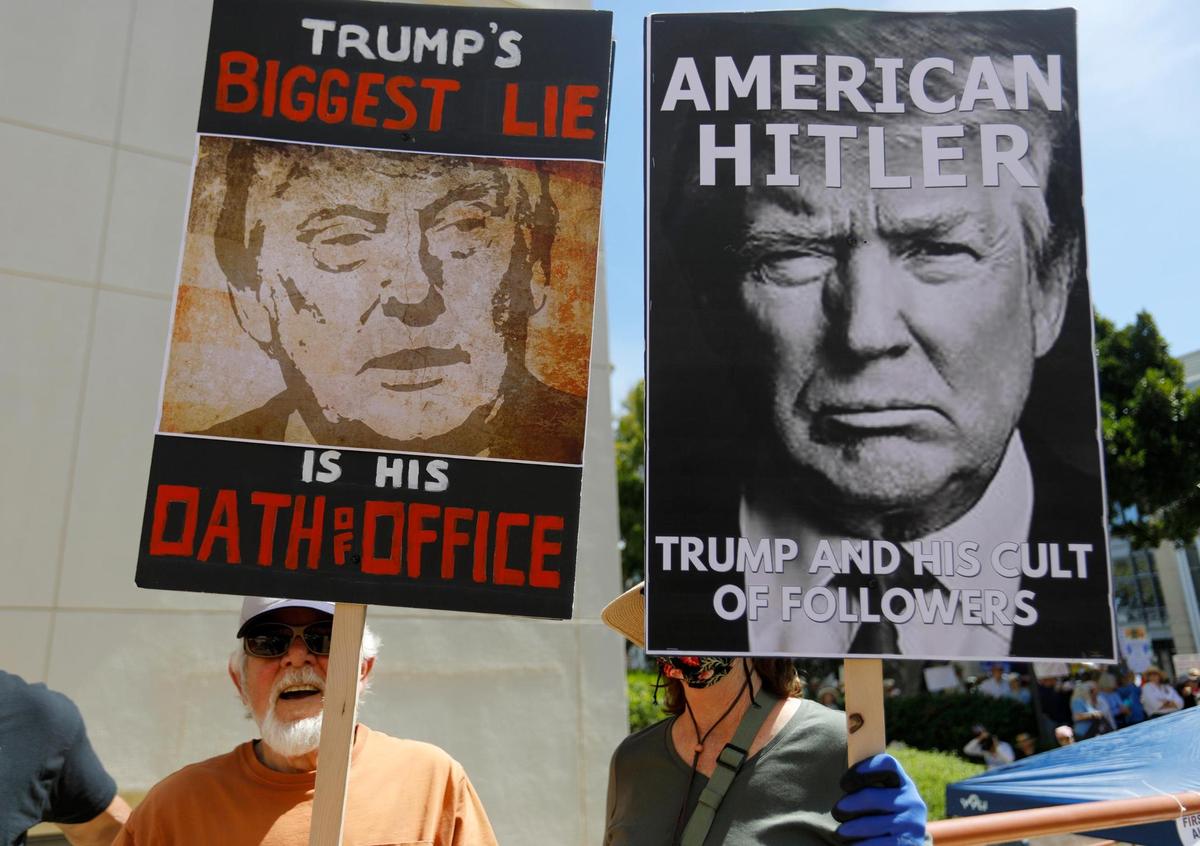 Thousands of people gather at San Luis Obispo Superior Court in California as part of the “Hands Off!” rally to protest President Donald Trump and his advisor Elon Musk.