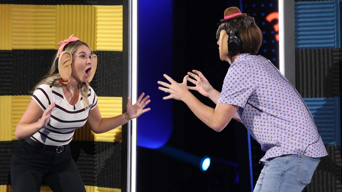 Kathryn Ames, left, and Harrison Ames appear on an episode of “Ellen’s Game of Games.” The reality competition show airs at 8 p.m. Sunday on NBC.