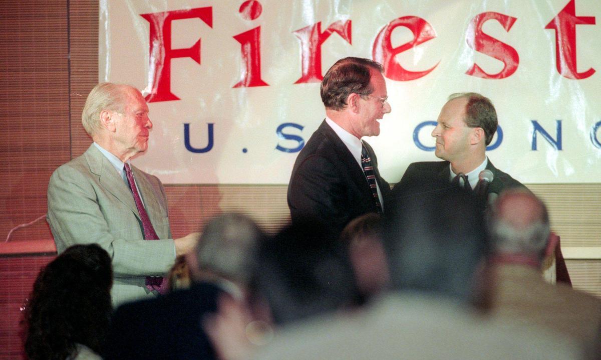 Former U.S. President Gerald Ford came to Santa Maria Dec. 1, 1997 to endorse Brooks Firestone in a congressional special election. At right Mike Stoker announced in the interest of party unity he would drop out of the race. They spoke to a lunch at the Santa Maria Hilton.