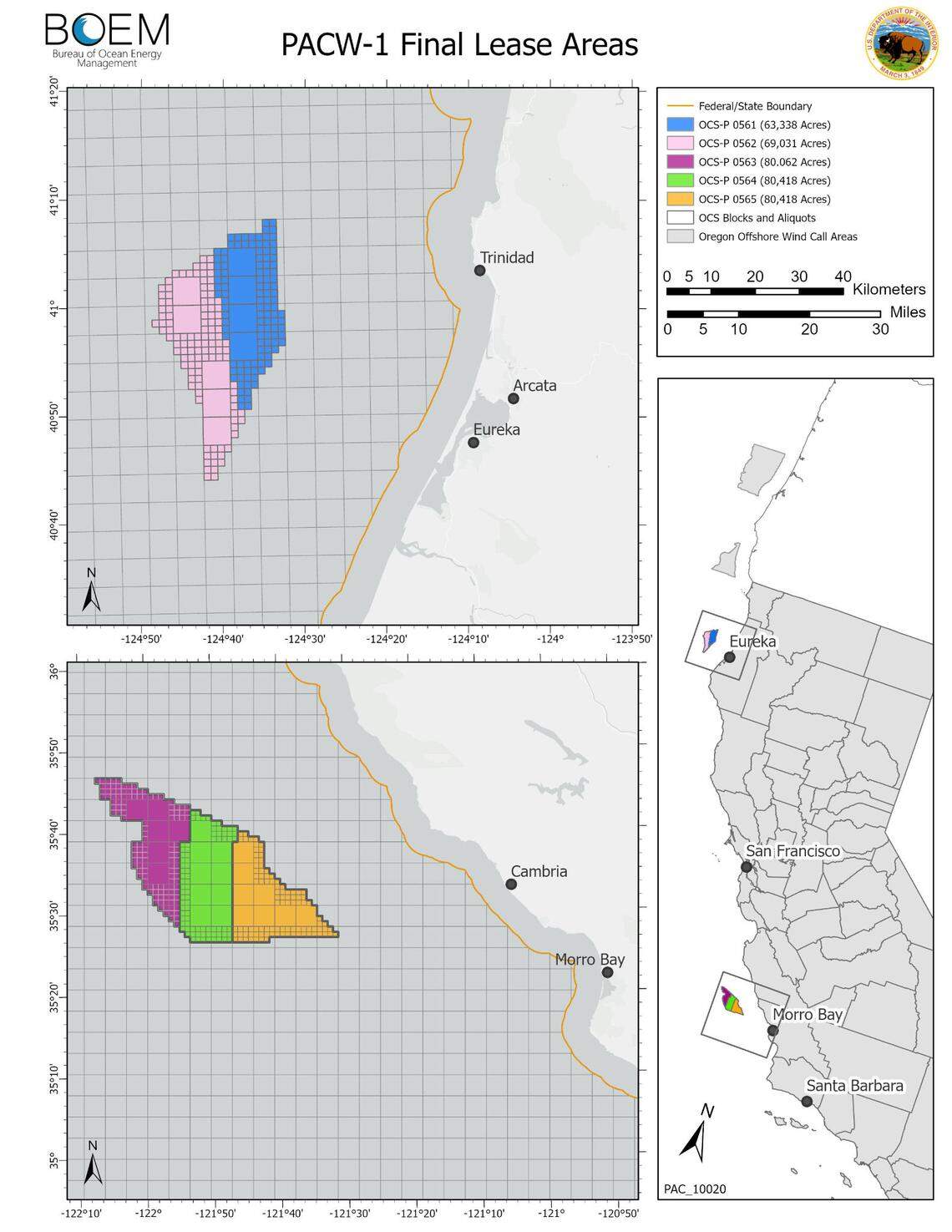 Maps show the five lease areas designated for offshore wind development off the coast of California, including three near Morro Bay and two off Humboldt County.