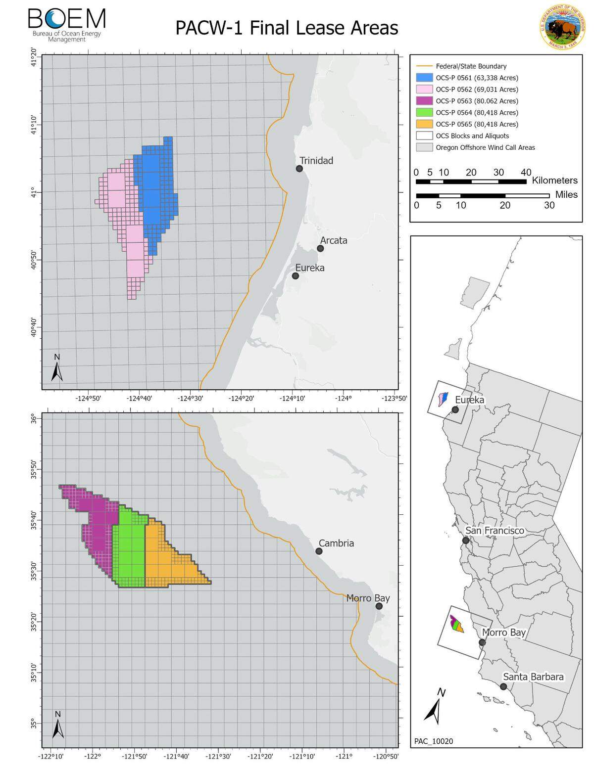 Maps show the five lease areas designated for offshore wind development off the coast of California, including three near Morro Bay and two off Humboldt County.