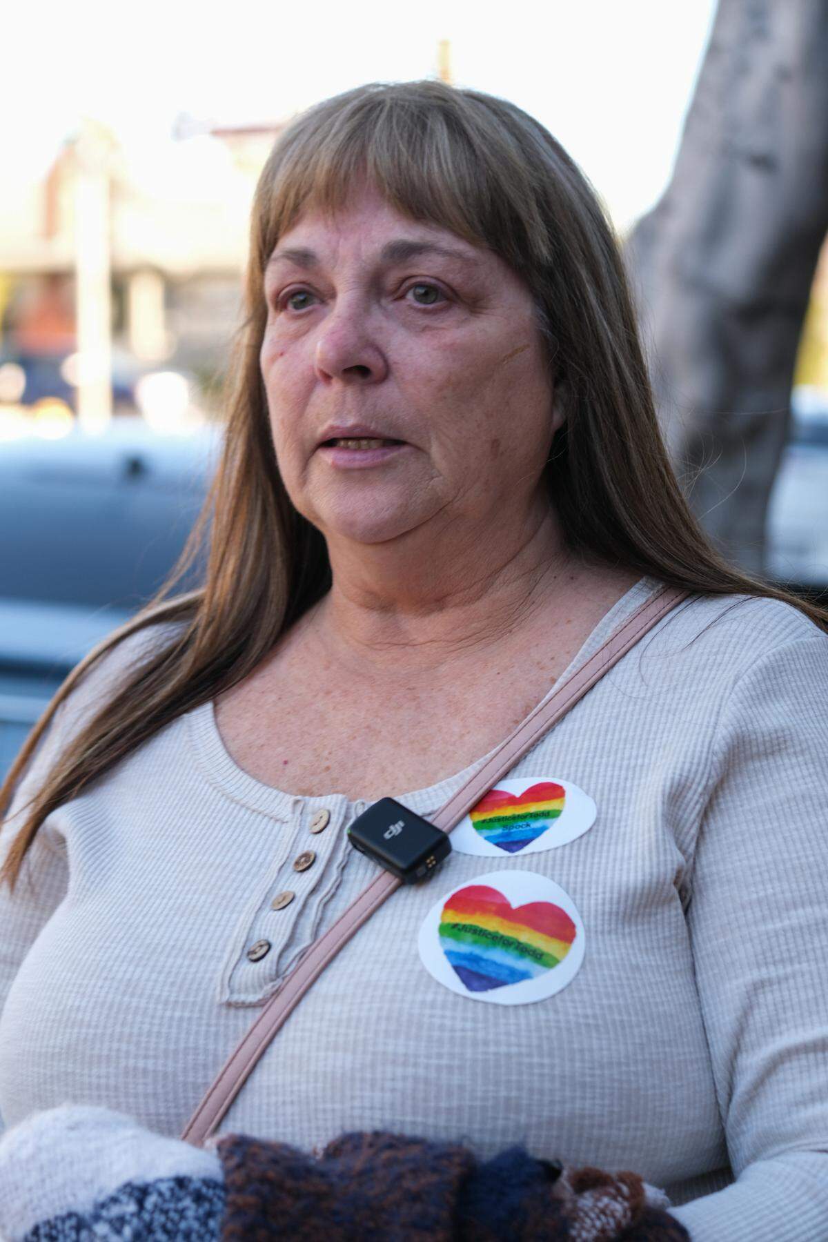 Melody Pinion stands outside San Luis Obispo Superior Court following Tyler Stevens’ arraignment on Dec. 18, 2024. Stevens was charged with murdering Pinion’s son, Todd Pinion, in an alleged hate crime on Oct. 23, 2024.